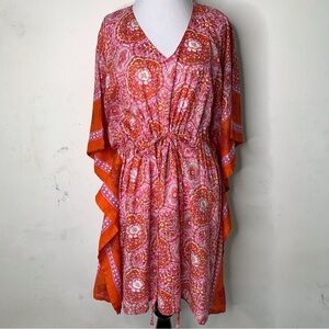 World Market Women's Pink Orange Boho Floral V Neck Cotton Dress Free One Size